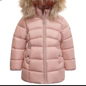 Girls MICHAEL KORS Heavy Weight Stadium Length Jacket with faux fur hood trim